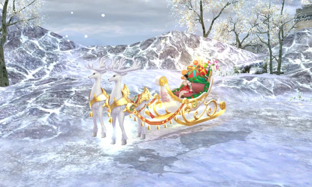 多款返场坐骑展示图，包含极地特快、雪鹿仙踪和熊猫系列坐骑，背景为雪山与竹林场景