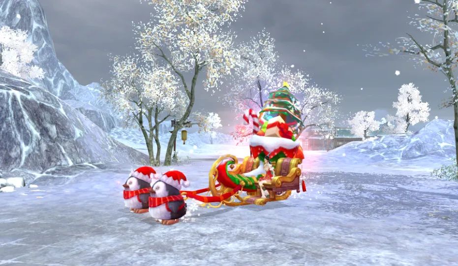 坐骑细节特写图，展现踏雪灵鹿的光影特效与动态奔跑姿态