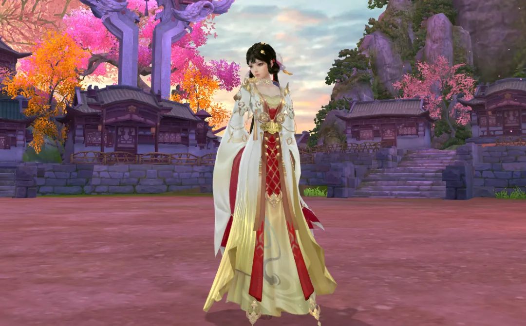 返场时装展示图，角色身穿溯世歌引与云锦霞帔在庭院中摆出动作姿势