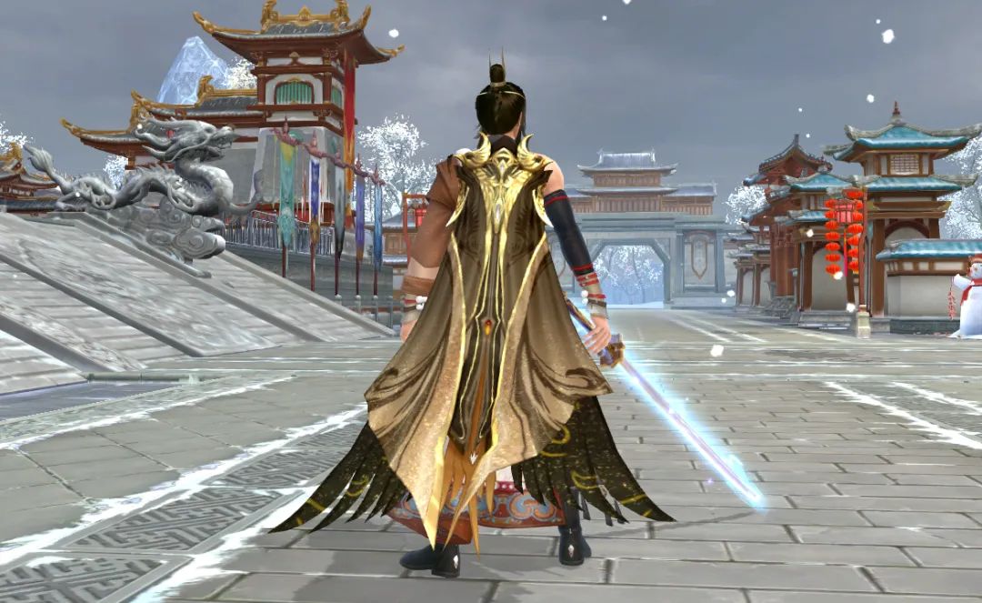 披风幻锦展示图，角色背后展开华丽披风，随风飘动呈现细腻布料物理效果