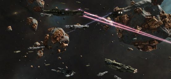 一支武装舰队正围绕一颗 asteroid 发动齐射，爆炸火花四溅，正在进行爆破开采作业