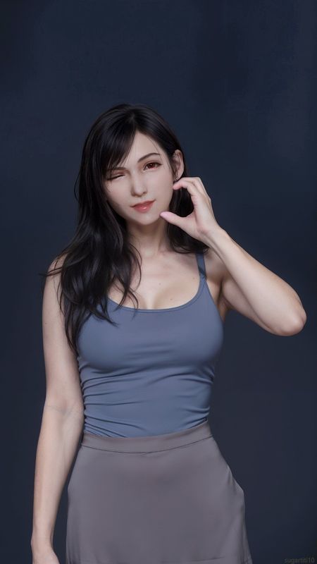 蒂法穿着运动背心和短裤在公园跑步，汗水微泛，充满活力