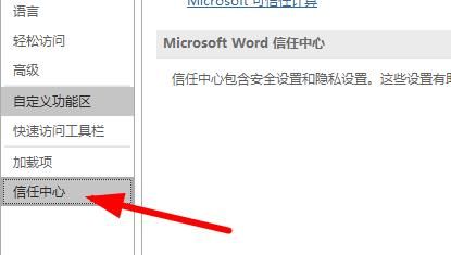信任中心选项位于左侧列表中，用于管理安全与隐私相关设置
