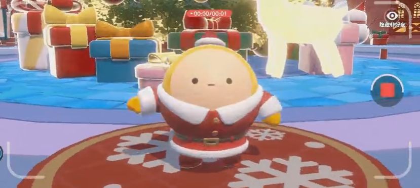 蛋仔使用三脚架摄像机拍照，画面温馨浪漫，背景是绚丽的圣诞烟花和飘落的雪花