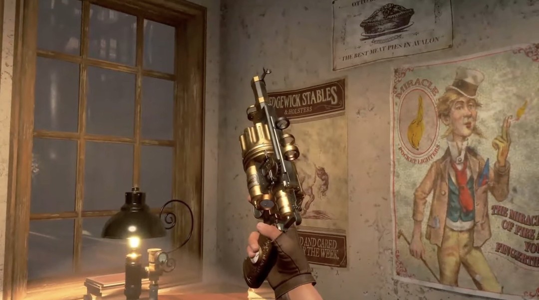 游戏内场景演示图，主角手持带有机械纹路的时间装置站在钟楼顶端，背景是齿轮运转的巨大穹顶