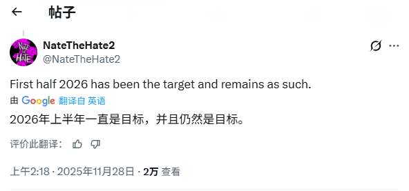 社交平台截图显示爆料者Nate The Hate回应粉丝提问，明确表示《地平线6》未受《GTA6》延期影响