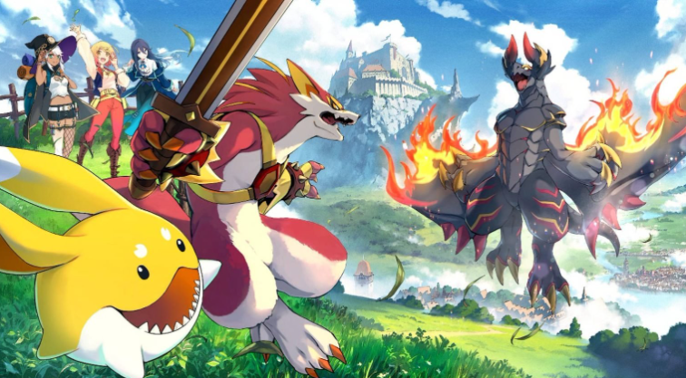 《Mamon King》游戏主视觉图，展示多种风格各异的怪物角色环绕主角的场景，整体画风偏向卡通幻想风格