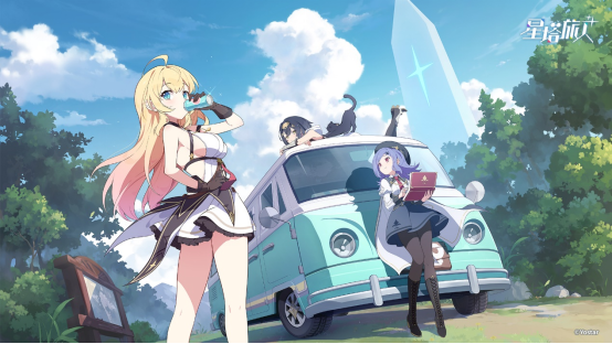 三位主角在夕阳下的互动场景，画面温馨，角色表情生动，背景为带有蒸汽朋克元素的城市街道