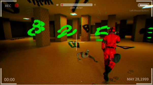 游戏中角色身处昏黄灯光下的无限走廊，四周墙壁布满神秘涂鸦，地面反射着潮湿般的光泽，营造出强烈的孤独与压抑氛围