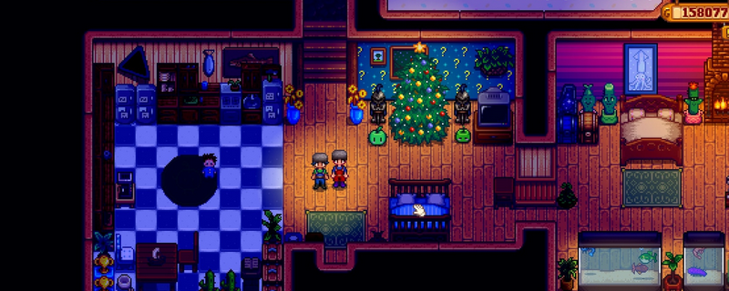 星露谷物语中宝石复制机放置在农场工作台上的场景，周围散落着矿石与工具，界面显示正在运行