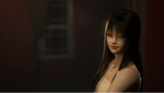 主角与神秘少女对峙于昏暗走廊，少女眼神魅惑而冰冷，背景灯光忽明忽暗