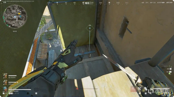 哨塔内部楼梯视角，箭头指向二层平台地面，标示出一个发光的大红物资