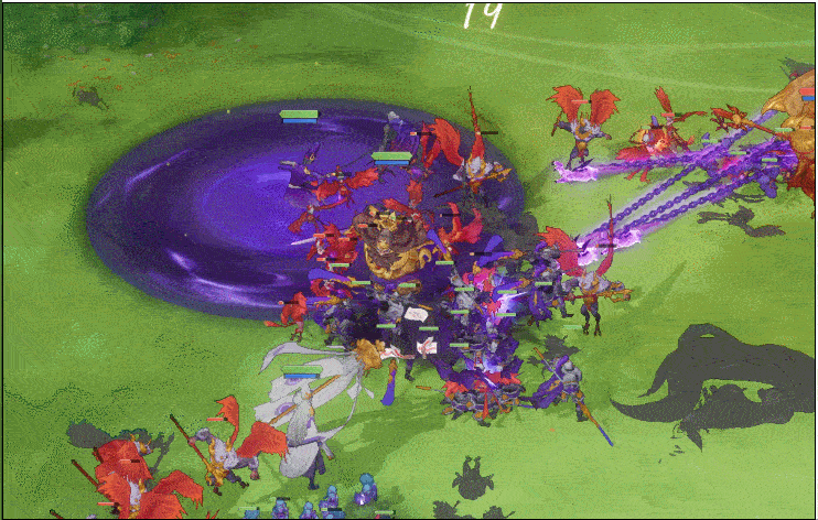 幽都势力战斗动画，战场上弥漫绿色瘴气，小鬼不断生成并汇聚成巨大阎罗形象，特效震撼