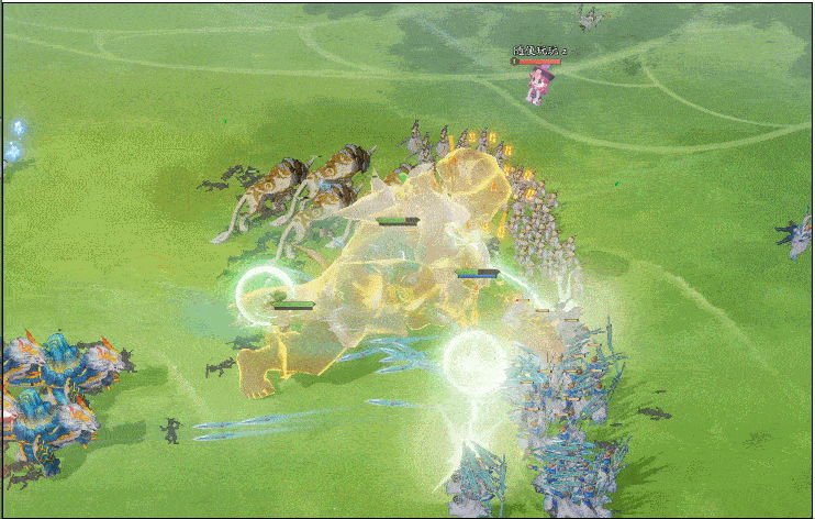 四圣兽环绕战场四角，各自释放元素护盾，保护不同阵营的部从协同作战