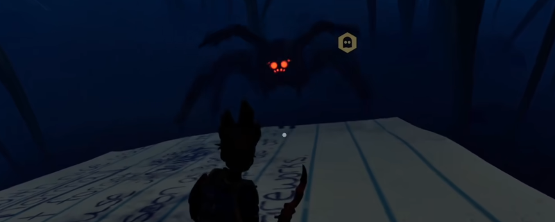 玩家操控小人手持盾牌与巨大狼蛛对峙的紧张战斗画面，背景为草丛环境，凸显体型差距