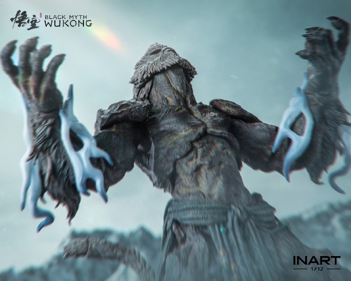 石猿手持石棒站立于地台之上，姿态威武，仿佛正准备迎战强敌