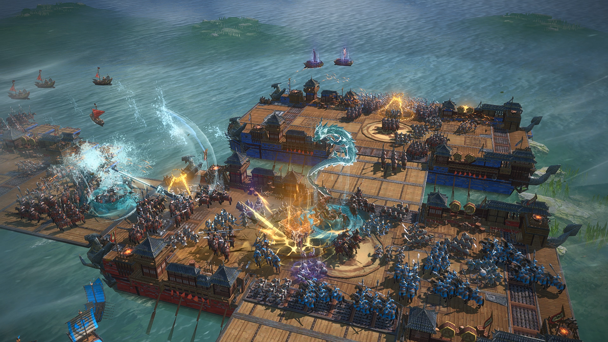 玩家视角下舰队列阵出征，旗舰高悬旌旗，战船编队破浪前行，气势恢宏