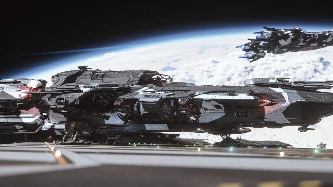 《星际公民》宇宙场景概念图，浩瀚星空中战舰穿梭于行星带之间，光影细节极为精细