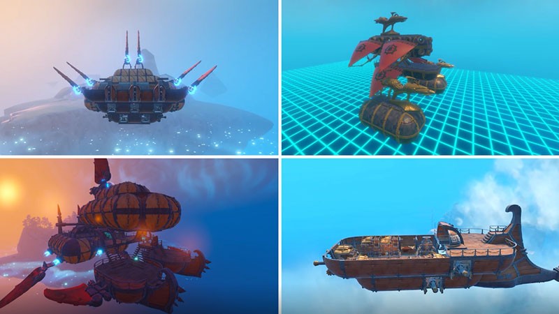 玩家自定义飞艇界面展示，屏幕上显示多种模块选项和色彩搭配，飞艇外形独特且富有创意