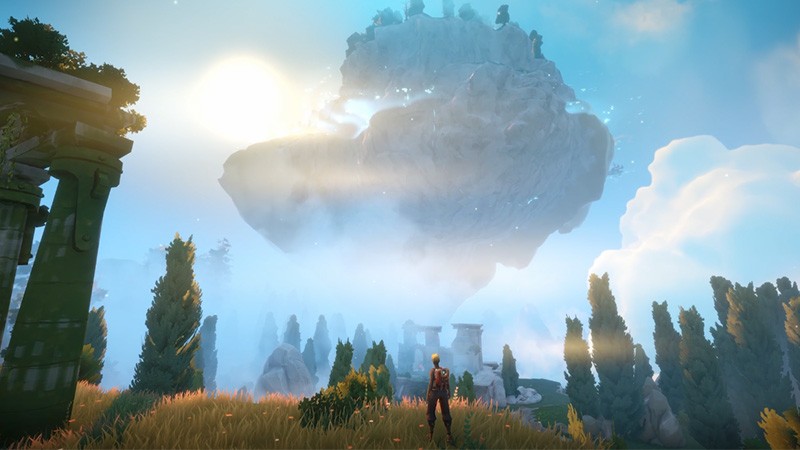 游戏内空域全景画面，阳光洒落在漂浮岛屿之间，彩色飞艇穿梭于云层之中，整体画风清新唯美