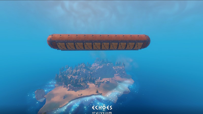 游戏中一只热狗形状的飞艇缓缓飞行，顶部配有小旗子和装饰灯，看起来既滑稽又可爱