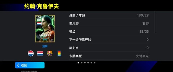 克鲁伊夫游戏卡面展示，身穿橙色国家队球衣带球突破，脚下浮现‘+2技术’属性加成特效