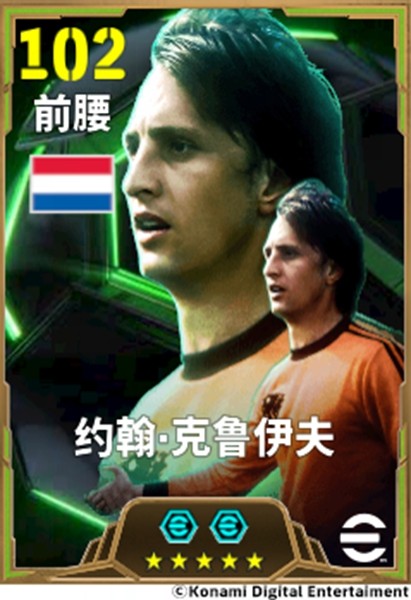 约翰·克鲁伊夫身穿荷兰国家队经典橙色球衣，脚踩绿茵场，眼神专注运球突破