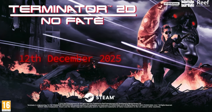 游戏主视觉图展示T-800手持霰弹枪站在火焰背景前，经典角色形象以像素风格重现