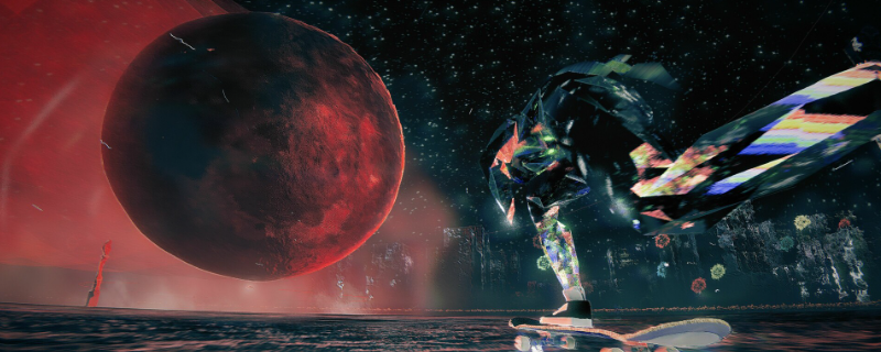 主角站在废墟之中，脚下踩着破损滑板，背景是燃烧的天空与漂浮的残骸，整体氛围压抑而神秘