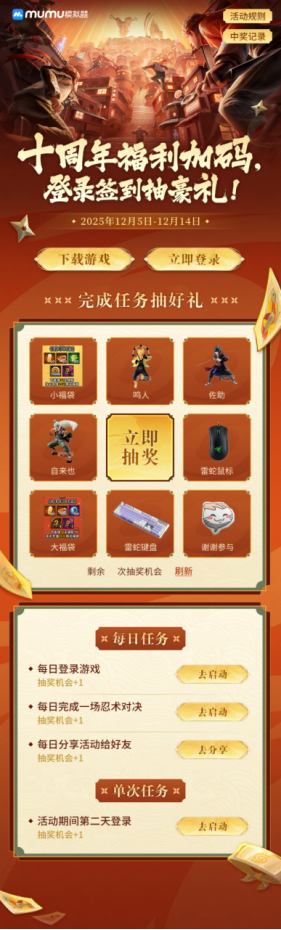 MuMu模拟器活动页面截图，展示奖品列表：手办、外设、游戏道具排列整齐