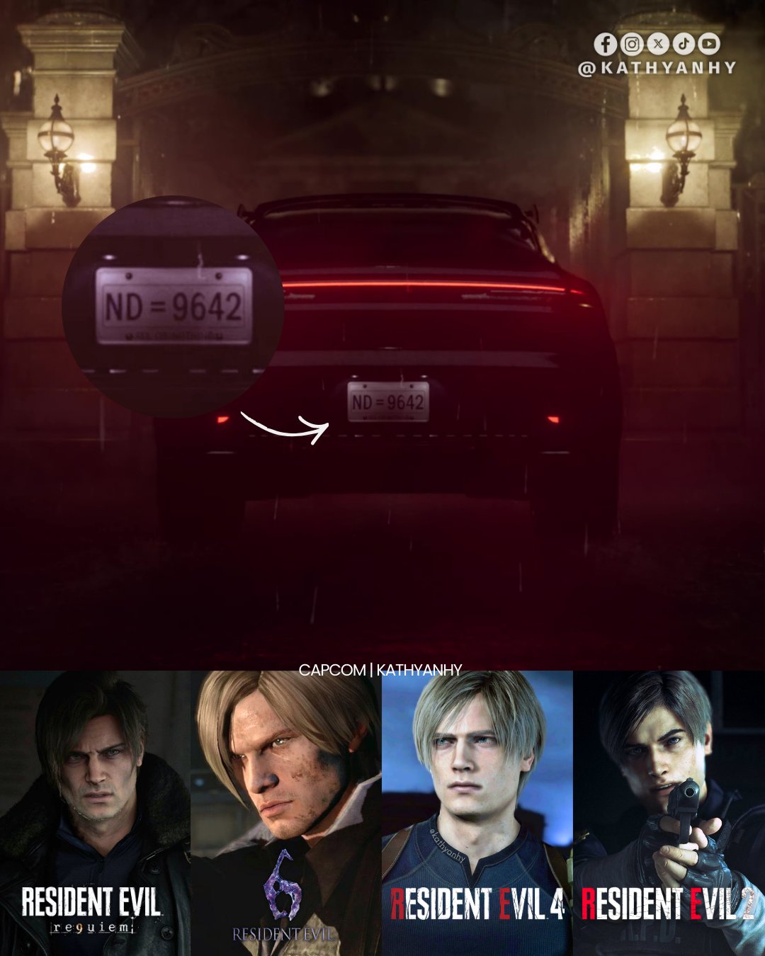 《生化危机9》中里昂的保时捷Cayenne Turbo GT侧面特写，车尾清晰显示‘ND=9642’车牌