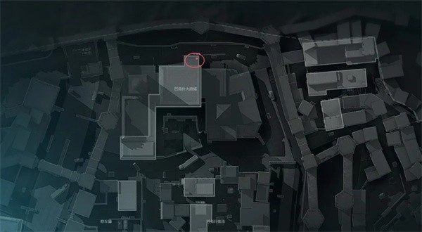 长弓溪谷地图右下角区域放大图，箭头指向小屋附近的密码门