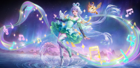 洛天依×孙鲁育联动皮肤展示图，角色身披音乐主题战袍，周身环绕发光音符特效