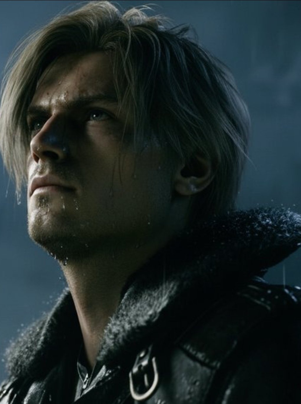 里昂身穿战术风衣站在废墟前的背影，身后是残破的城市轮廓与血色天空，气氛肃杀