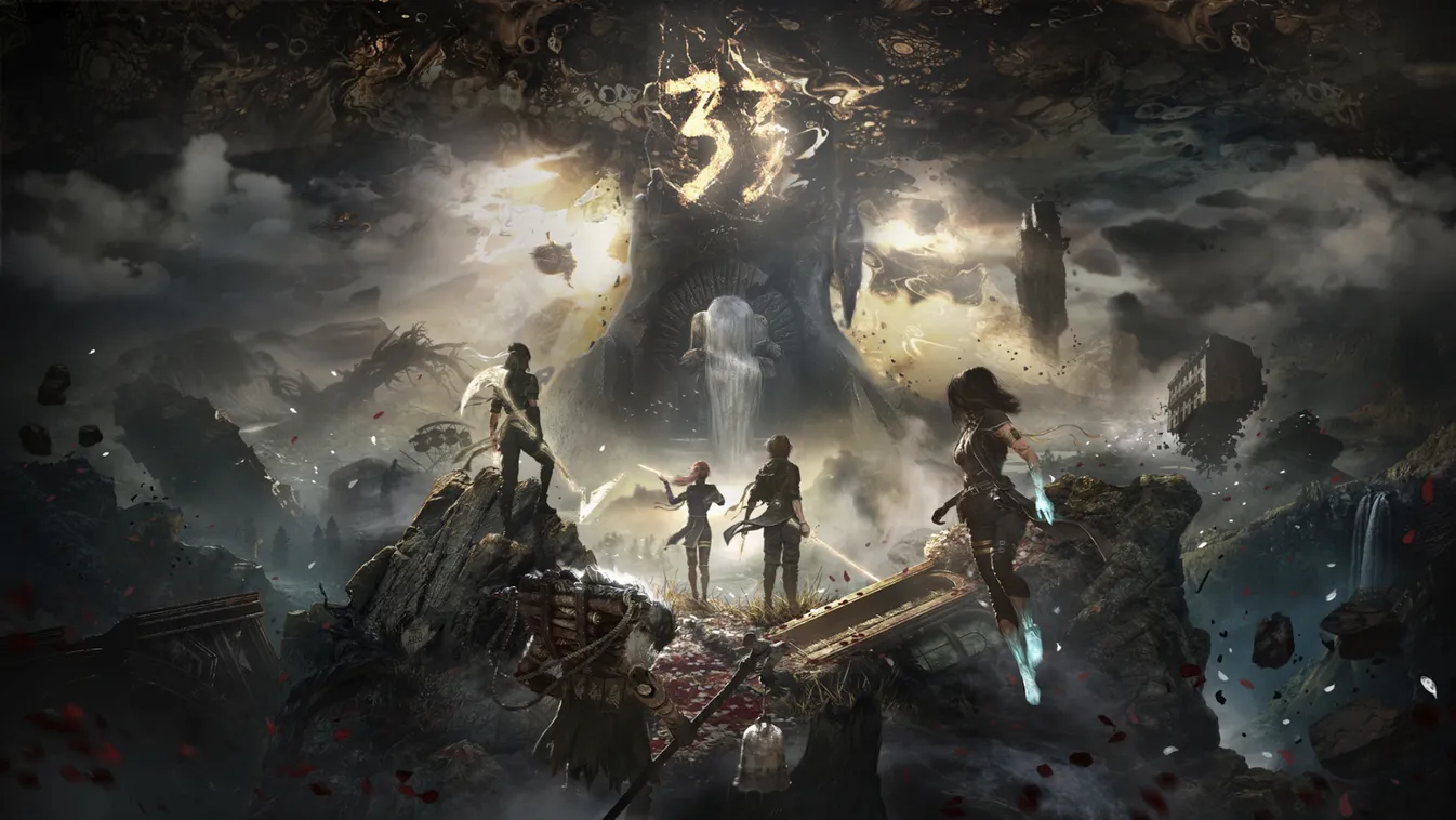 《光与影：33号远征队》游戏实机画面，展示一支冒险小队在夕阳下的废墟中前行，背景是巨大齿轮结构的城市