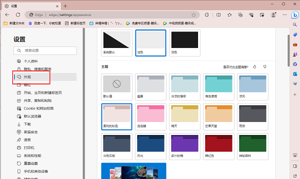 外观设置页面中显示选项卡操作菜单功能位置高亮