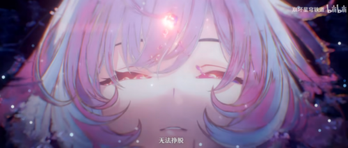 三月七与相机一同被冻结在巨大冰晶中，周围散落着泛黄的照片碎片