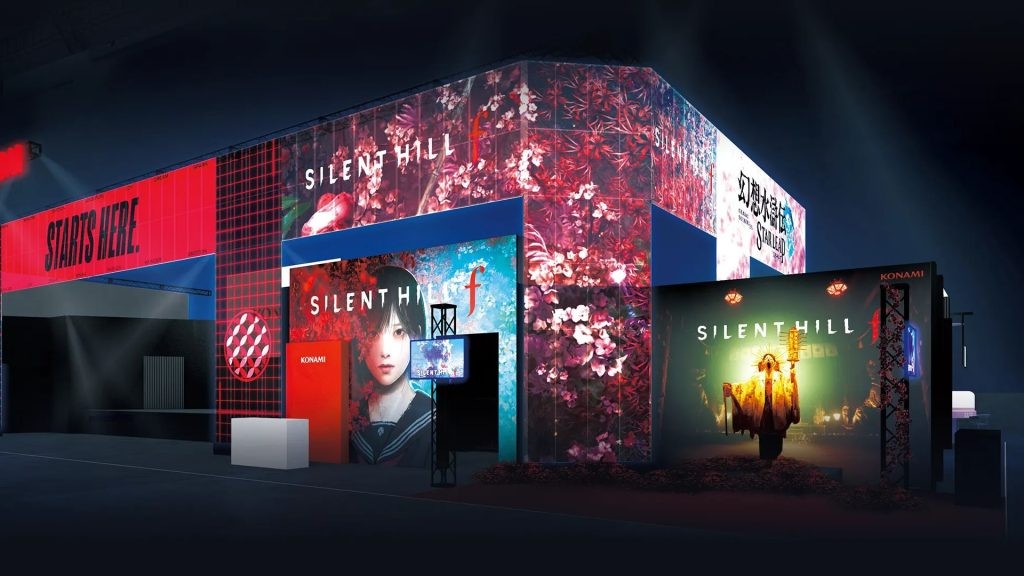 科乐美TGS 2025宣传图，画面中呈现《合金装备3：重制版》《寂静岭f》《幻想水浒传 STAR LEAP》等游戏LOGO环绕品牌标志，充满科技与怀旧交织的氛围