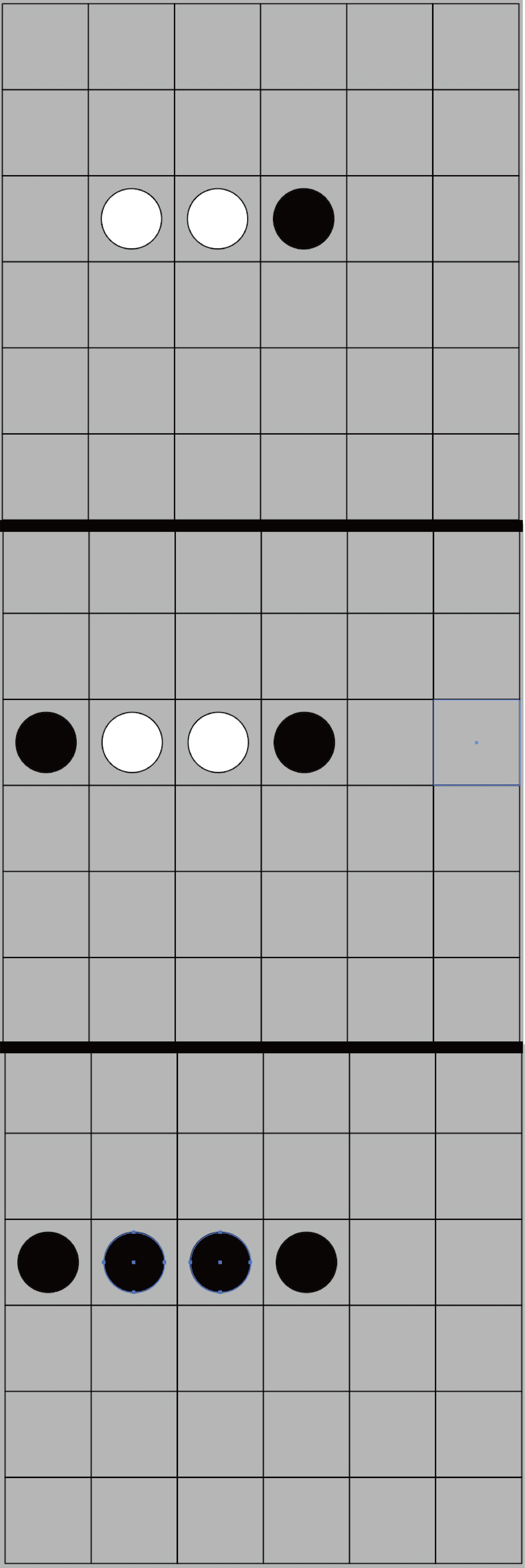 黑白棋基本吃子规则图解，展示一次落子后多方向翻转敌子的效果