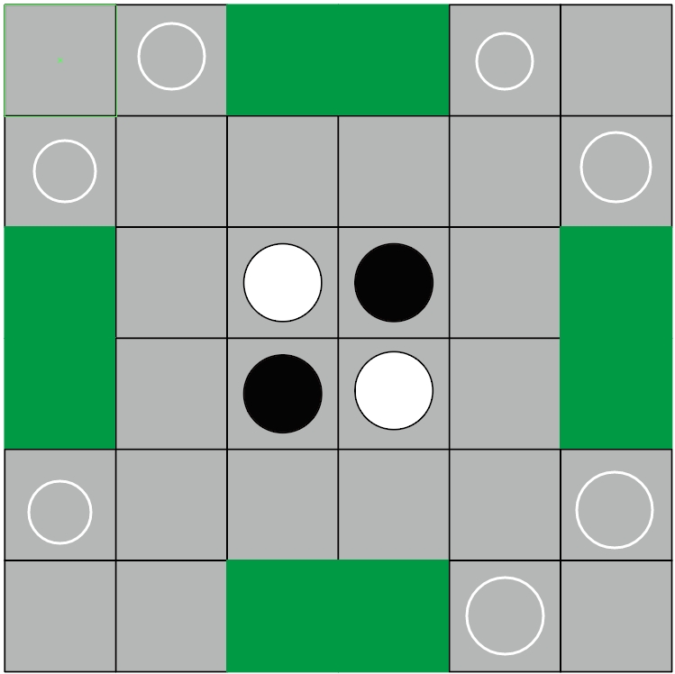 黑白棋推荐落子区域图，绿色区块为最优策略占位