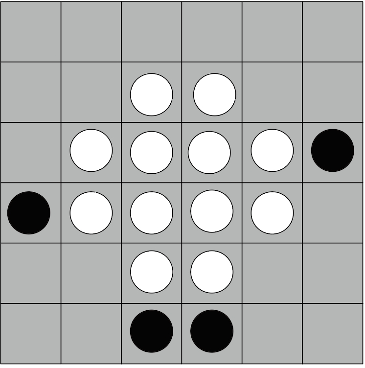 黑白棋最佳反击时机示意图，黑子即将一口吃掉排成一线的四枚白子
