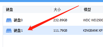 硬盘选择界面，多个磁盘设备列于窗口中，其中一个被鼠标选中