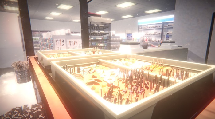 《夜勤事件》游戏画面，昏暗的便利店内部，冷白灯光下货架整齐排列，角色背影显得孤独而紧张，氛围压抑诡异