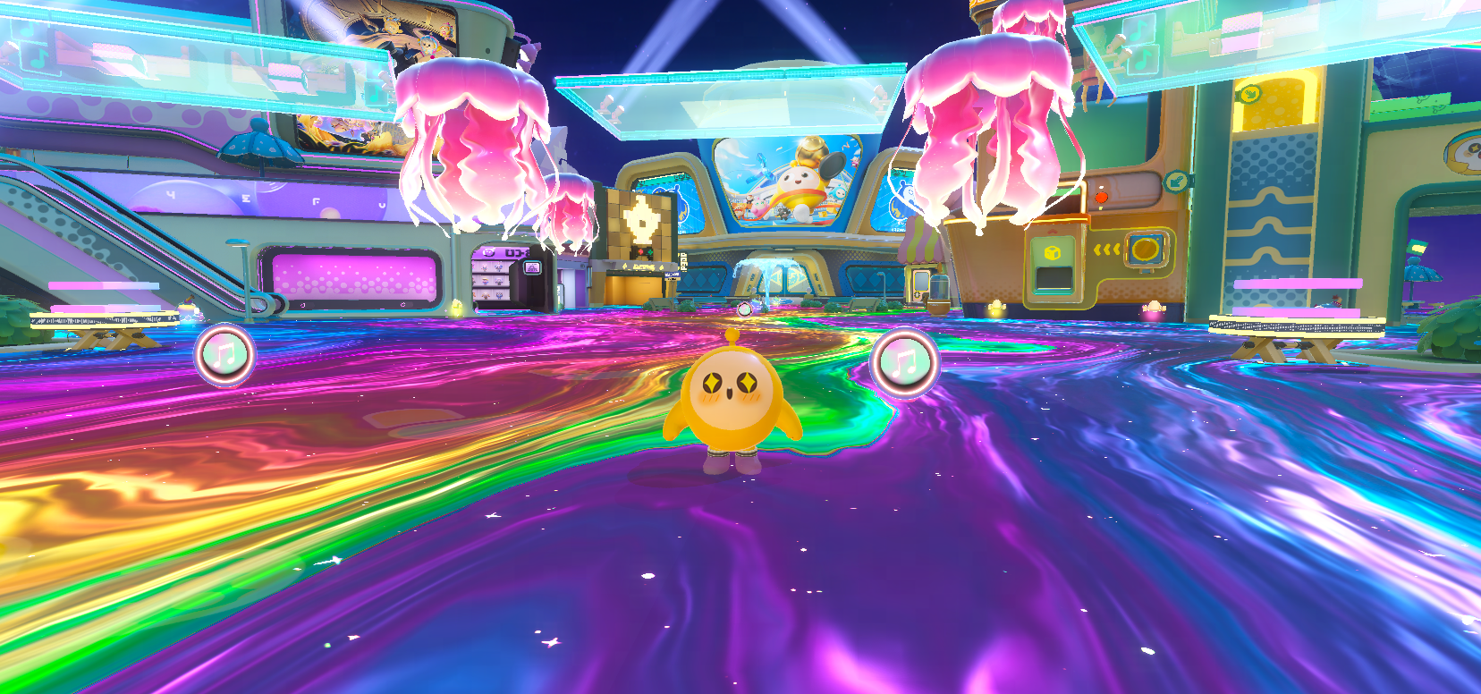 蛋仔岛夜景全景，七彩星河映照地面，天空中烟花绽放，摩天轮与漂浮的梦幻鲸鱼交相辉映