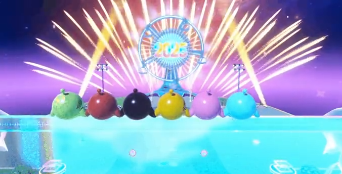 蛋仔们骑乘在发光的梦幻鲸鱼背上，穿梭于夜空之中，下方是灯火通明的蛋仔岛