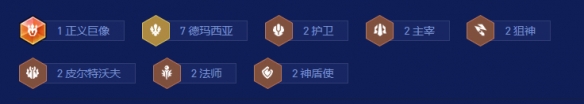 羁绊效果图标展示7德玛西亚、2护卫、2狙神等多重羁绊激活状态，角色头顶显示增益数值