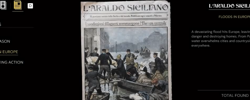 废弃马戏团内部景象，一张泛黄的新闻报纸放在破损木桌上，背景有倒塌的帐篷和褪色的游乐设施