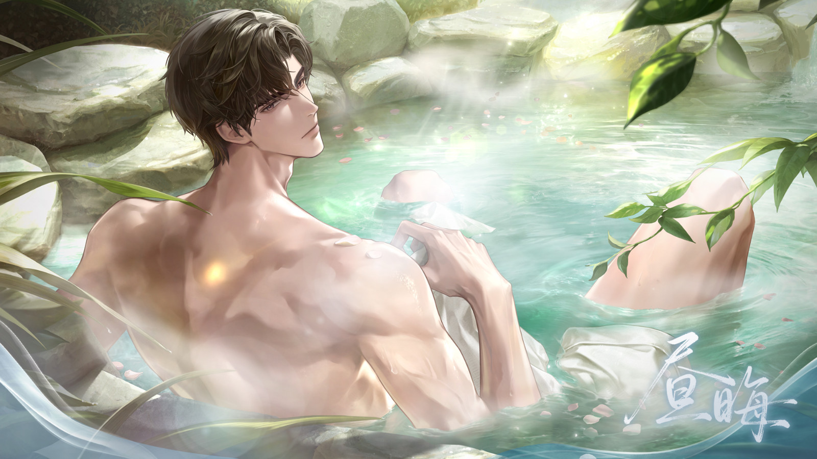 顾时夜侧影立绘，身着深色浴袍立于窗边，窗外夜色沉沉，光影交错凸显其冷峻气质