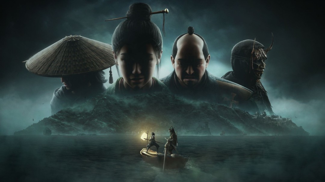 《刺客信条：影》DLC‘淡路之爪’艺术概念图，奈绪江身着传统忍者装束潜行于夜色中的神社庭院，氛围神秘而紧张