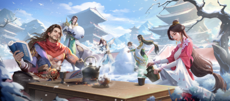 一段由玩家撰写的江湖友情故事经AI润色后呈现的文字截图，字体古风雅致，背景为飘雪的庭院，充满文艺气息